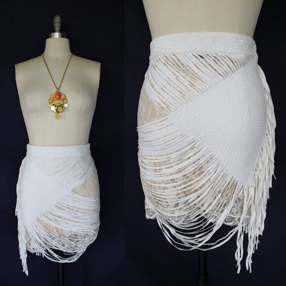 Faith Connexion Dresses & Skirts - Faith CONNEXION off white wivwn nuse fringe lace bandage pencil dress skirt 36 4